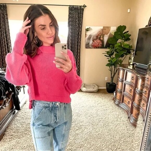 Free People Easy Street Crop Knit Sweater in Hot Pink Size Small - Picture 4 of 9